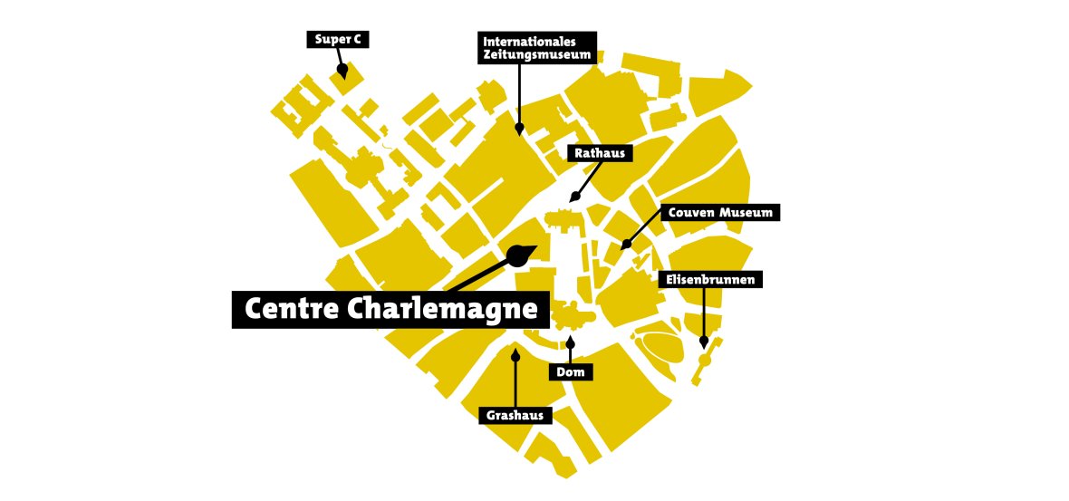Sur les traces de Charlemagne : Le "Centre Charlemagne - Nouveau musée de la ville d'Aix-la-Chapelle" est le point central et le point de départ de la Route Charlemagne, une promenade à travers l'histoire d'Aix-la-Chapelle. Il mène à des lieux et des bâtiments importants.