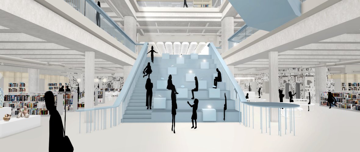 Vue de la salle de la maison de la curiosité avec les escaliers, les gens et les étagères de livres