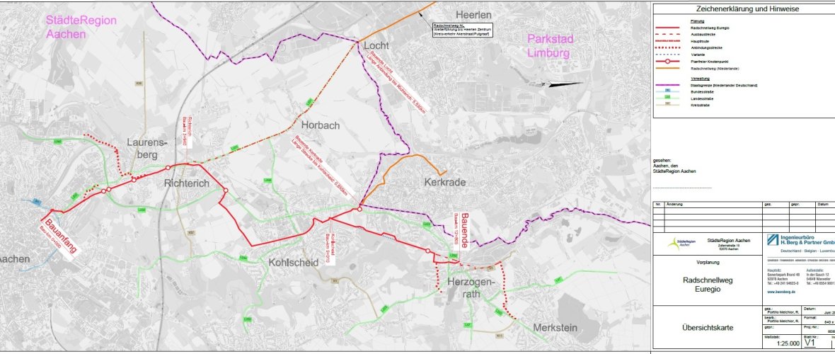 Carte de planification pour la création d'une piste cyclable rapide d'Aix-la-Chapelle à Merkstein, Kerkrade et Heerlen