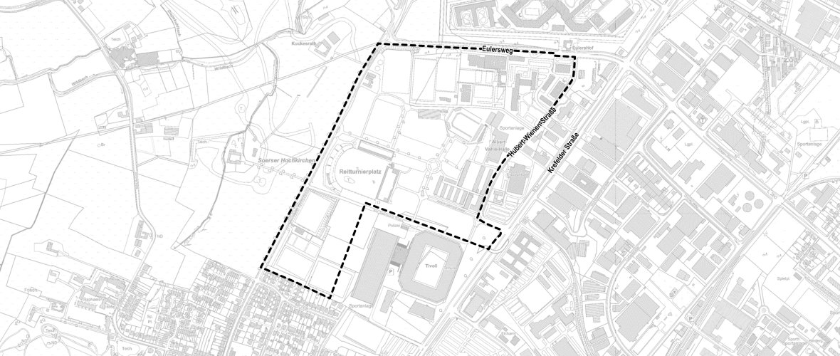 Carte en noir et blanc avec le contour de la zone FNP Sportpark Soers