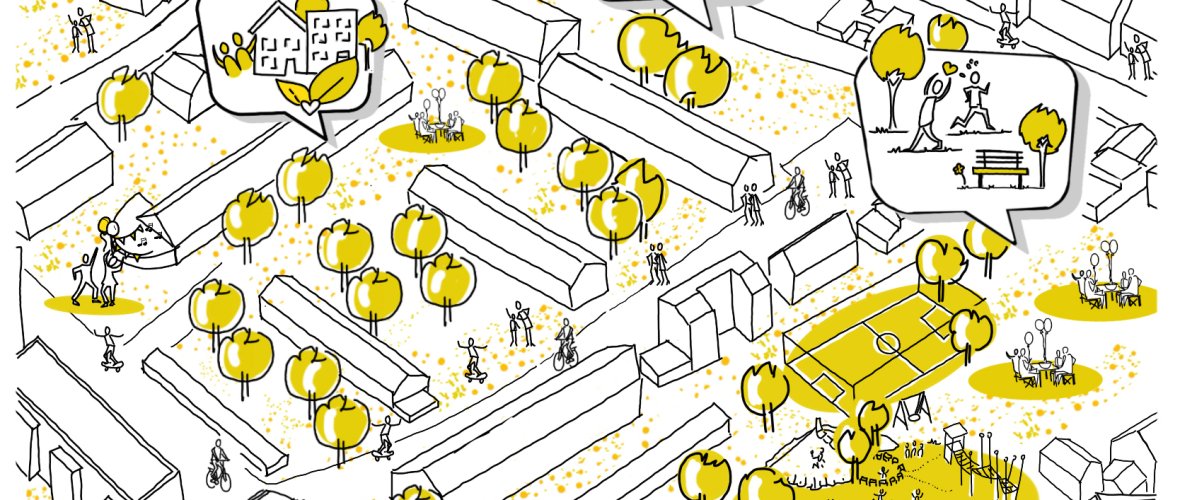 Représentation en dessin du quartier de Forst avec les moyens de transport, les maisons et les personnes