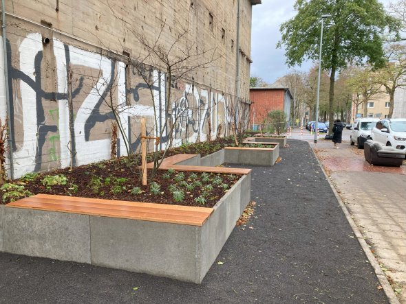 Pour embellir et rendre l'espace urbain plus agréable, des parterres surélevés ont été disposés sur le parvis du bunker.