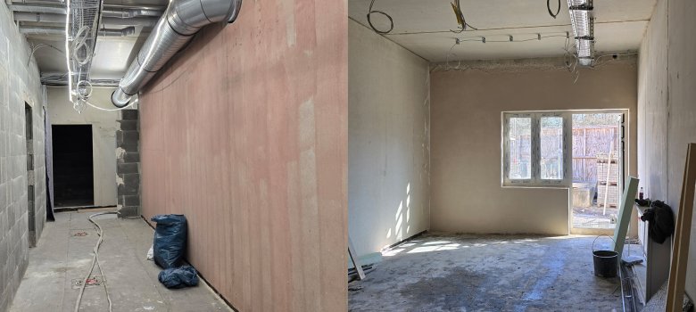 L'image montre les travaux préparatoires pour le plâtre dans le couloir ainsi que les travaux de plâtrage effectués dans la salle du personnel.