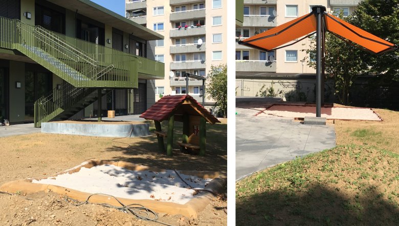 La maison de jeu et le bac à sable pour la zone U3 sont terminés. La protection solaire pour le bac à sable a été livrée et installée.