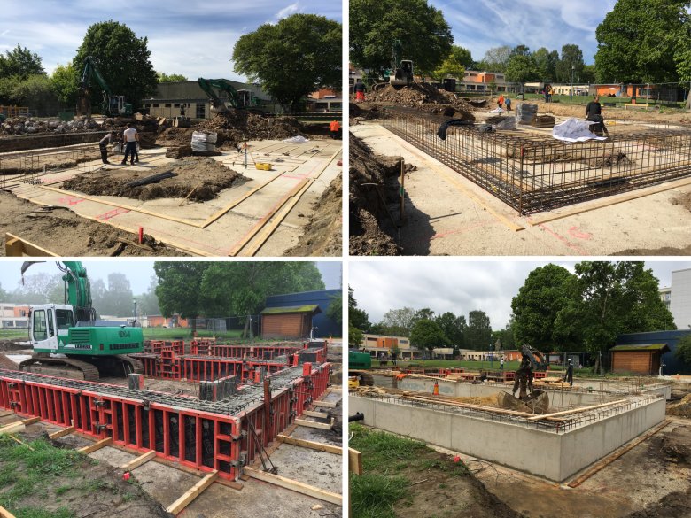 La ventilation pour les fondations en bande est fournie. Les plombs de sol sont réalisés, les fondations en bande sont marquées. Les semelles filantes sont coffrées et bétonnées. Les travaux sur les semelles filantes avancent. Les semelles filantes ont été partiellement décoffrées.