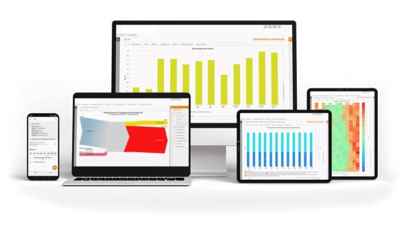 Image du logiciel de tableau de bord énergétique Interwatt, avec des diagrammes et des évaluations.