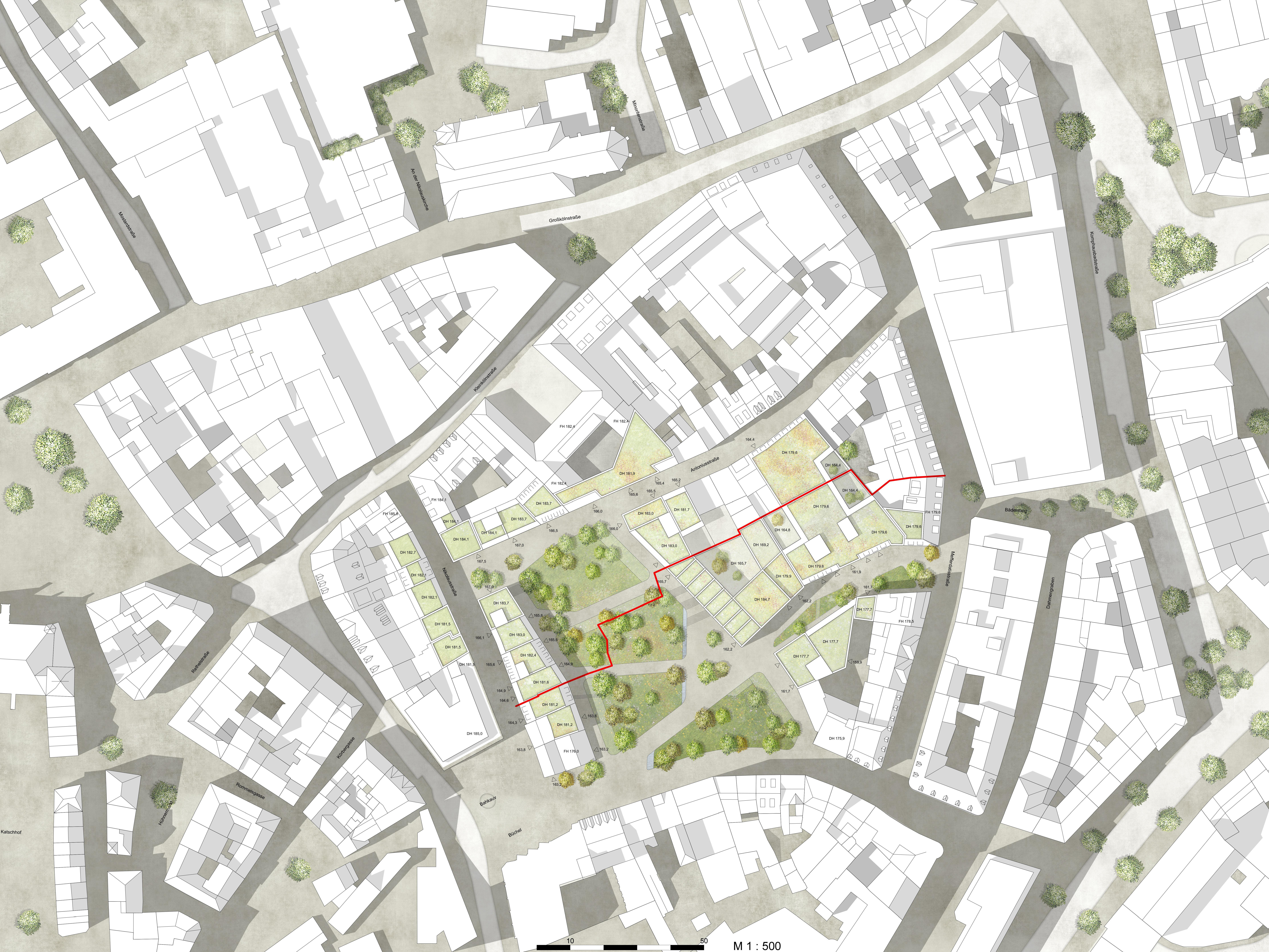 Plan de développement urbain du Büchel avec une prairie ouverte et des constructions qui l'encadrent