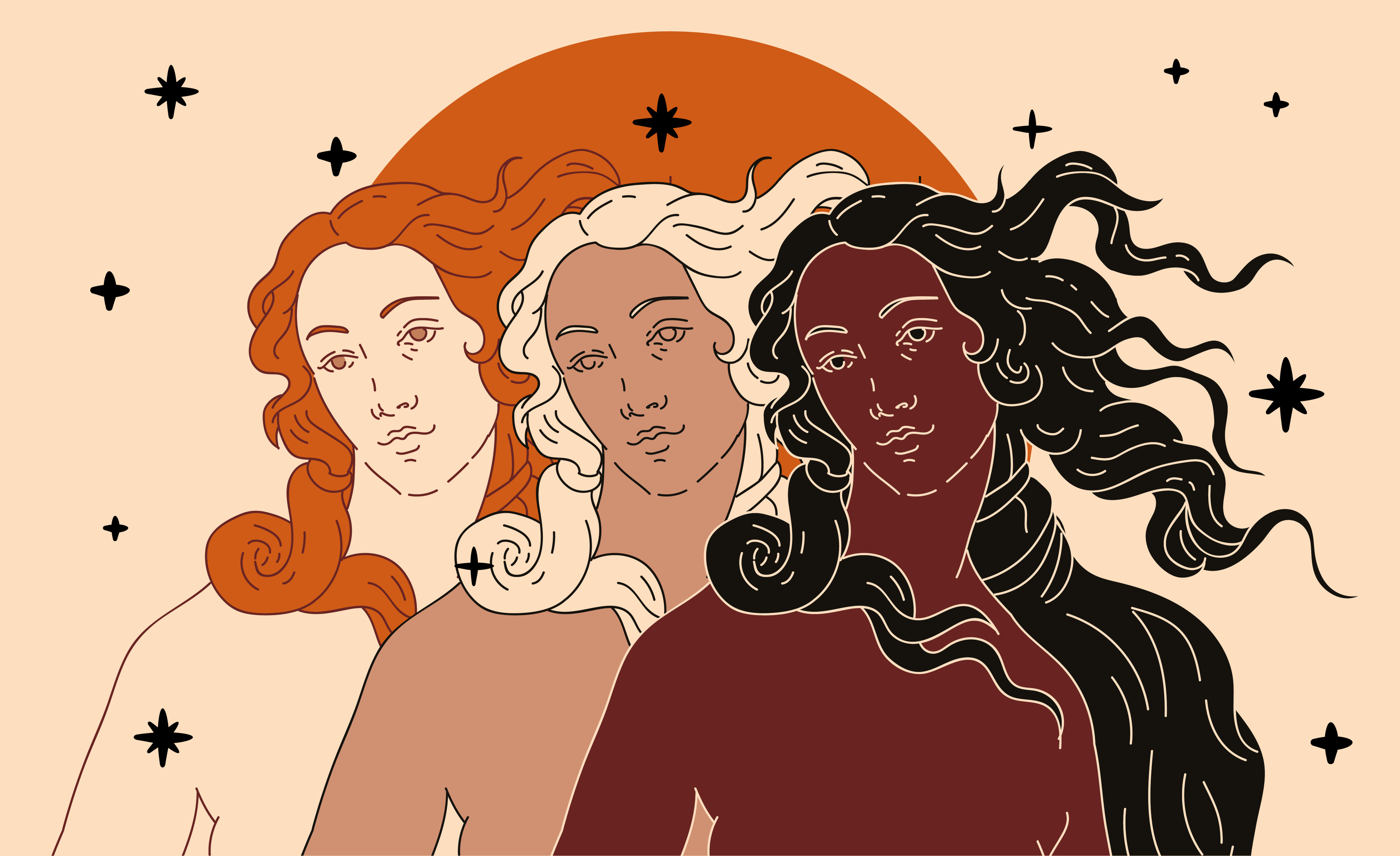 Illustration moderne d'art linéaire vectoriel ou la déesse Vénus ou Aphrodite dans le style de croquis doodle. Diverses femmes de différentes ethnies et apparences. Poster sur le féminisme et les questions de pouvoir féminin.