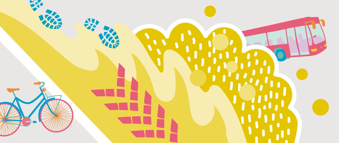 Illustration colorée avec des motifs, un bus et un vélo.