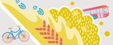 Illustration colorée avec des motifs, un bus et un vélo.