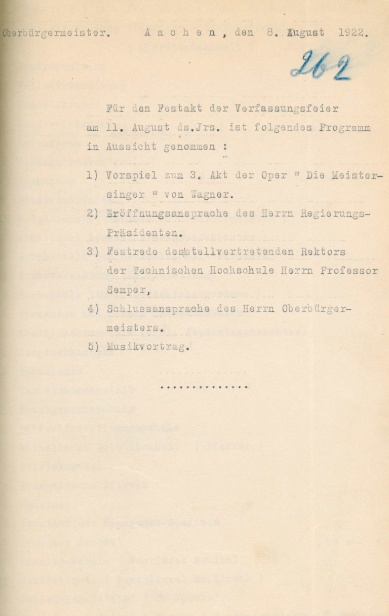 Un document de 1922 écrit à la machine à écrire. En haut à gauche, on peut lire "maire", en haut à droite, le lieu et la date "Aix-la-Chapelle, le 8 août 1922". En dessous, une note manuscrite à l'encre "262". Suit une liste de points du programme.