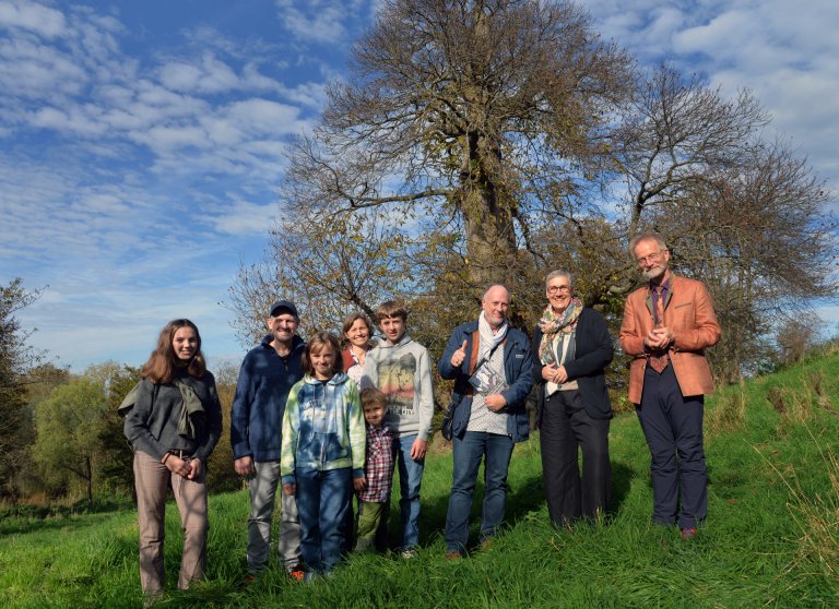 La famille de locataires Bosse, Jürgen Drautmann, le maire Sibylle Keupen et le professeur Dr Roloff se réjouissent de la distinction du marronnier (de gauche à droite). Neuf personnes se tiennent sur une pelouse verte devant un grand arbre. D'autres arbres sont visibles à l'arrière-plan.