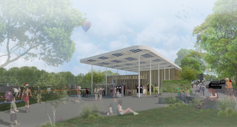 Une image dessinée montre la nouvelle zone de caisse de la piscine extérieure avec son toit énergétique incurvé.