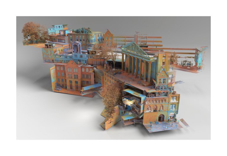 Un ensemble de bâtiments artistiques, colorés et plastiques en guise de sculpture. Avec plusieurs maisons, des arbres et une maison à colonnes.