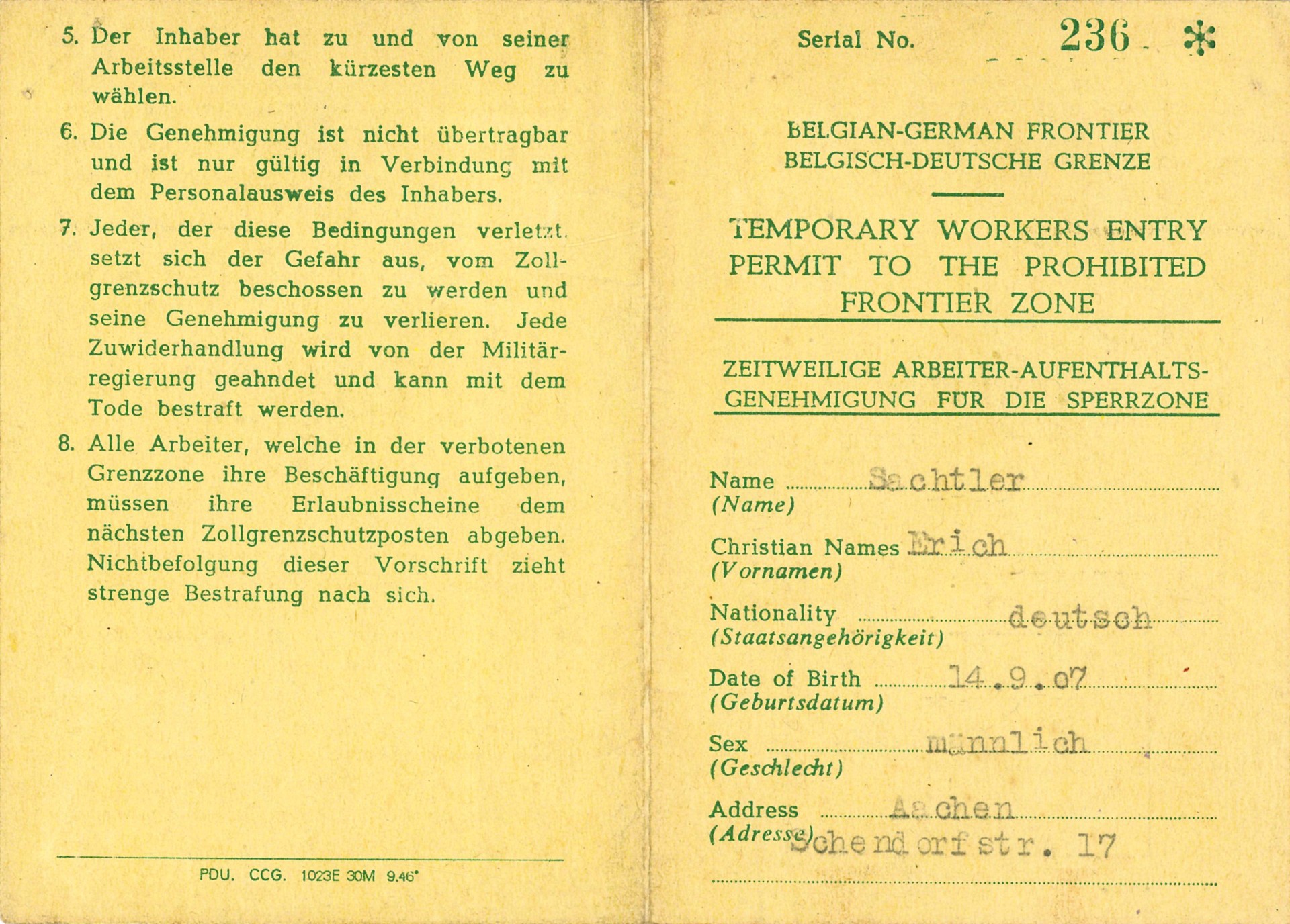 Un papier d'identité avec un texte vert sur fond jaune intitulé "Temporary Workers Entry Permit to the Prohibited Frontier Zone / Permis de séjour temporaire pour travailleurs dans la zone interdite".