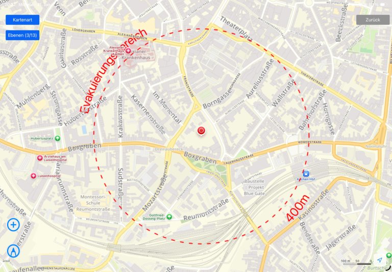 Une carte avec une zone dans la ville d'Aix-la-Chapelle
