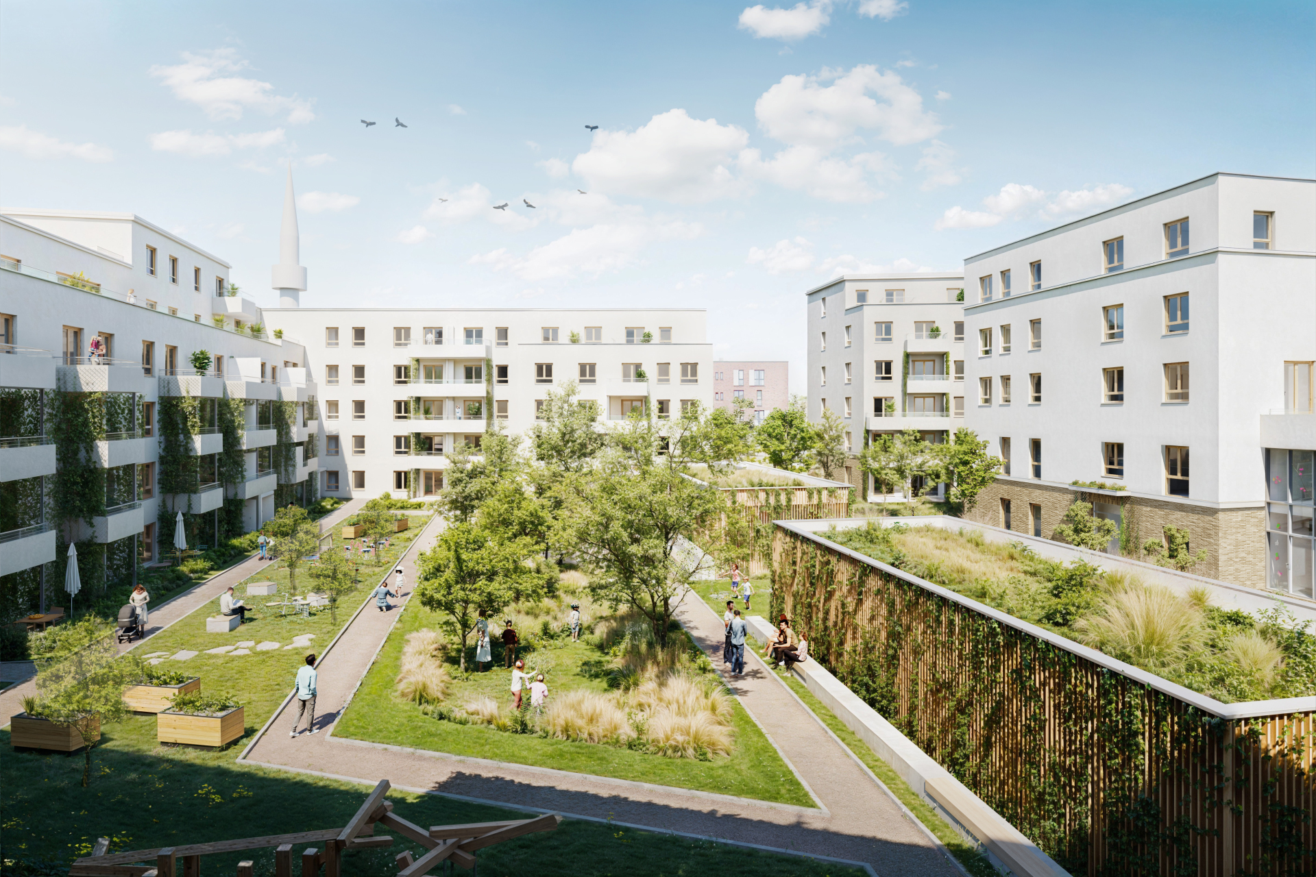 Un nouveau quartier résidentiel est présenté sous forme de visualisation. Le regard se porte sur la cour intérieure avec beaucoup de verdure.