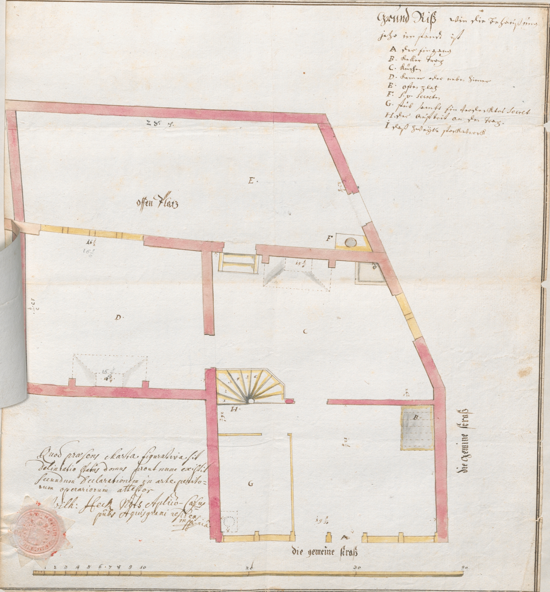 Un plan d'une maison d'habitation avec un sceau et une légende manuscrite