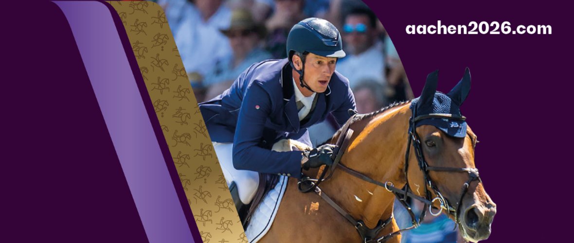 Wereldruiterspelen 2026 Een mock-up voor de Wereldruiterspelen van 2026 in Aken met het opschrift "FEI World Championships Aachen". De afbeelding is een compositie van een paarsgekleurde graphic en een echte foto van een springruiter met paard.