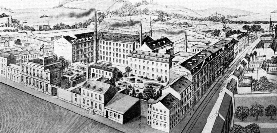 Zwart-wittekening: historische vogelvlucht van de naaldenfabriek