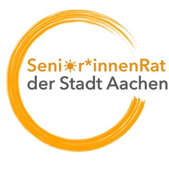 Het logo van de Senior*innenrat Aachen met gele en zwarte letters, de "O" vervangen door een zon met een gele cirkel als penseelstreek die alles omcirkelt.