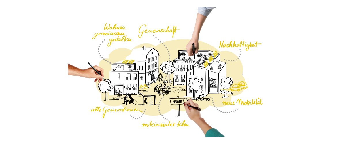 Tekening van gedeelde woongebouwen