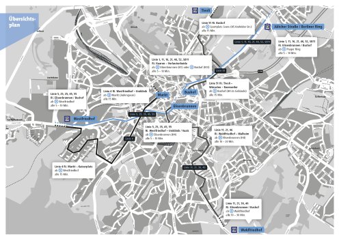 Kaart van Aken met de aanduiding van Park&Ride locaties: Waldfriedhof in het zuiden, Westfriedhof in het westen en Jülicherstraße op de hoek van de Berliner Ring in het noordoosten