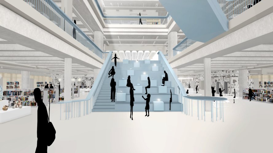 Zicht in de kamer van het Huis van Nieuwsgierigheid met trap, mensen en boekenplanken