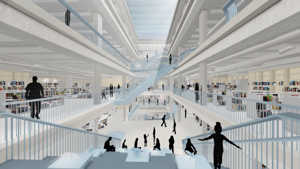 Verdiepingsbreed uitzicht in een open atrium met trappen, mensen en boekenplanken