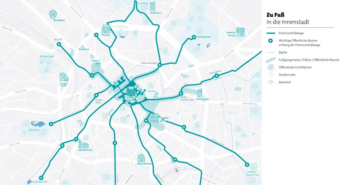 Een abstracte kaart van Aken met belangrijke voetpaden: Rehmplatz, Frankenberger Park, Johannisbachtal, Westpark, West-Bahnhof, Ponttor, Stadtgarten.