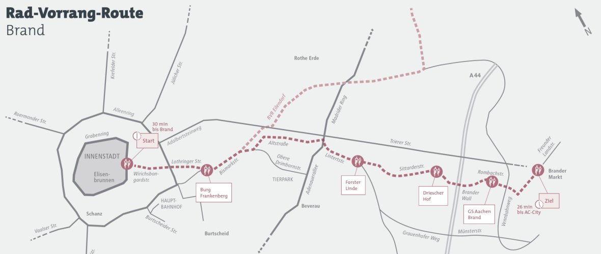 geplande zeldzame prioritaire route van het centrum van Aken naar Brand