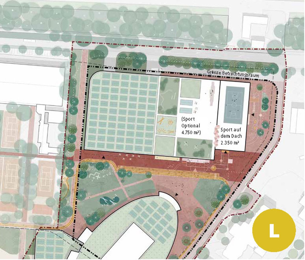 Plattegrond van de sportgebieden met nieuwe sportgebieden op het dak
