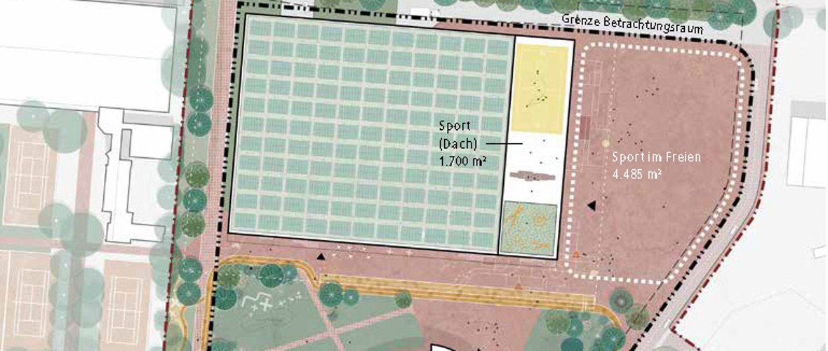 Kaartweergave van de sportgebieden met nieuwe gebouwen