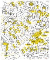 Tekening van de Forstwijk met vervoermiddelen, huizen en mensen