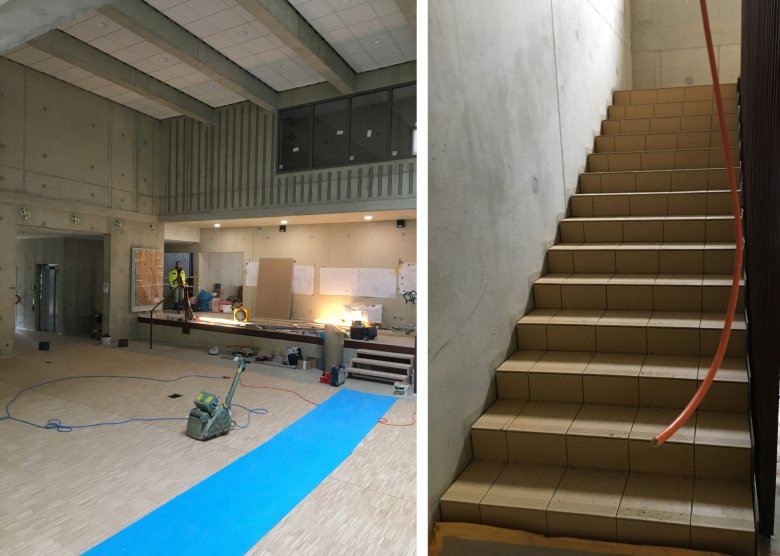 Innen_u_Treppe_c_E26_2023_04 Er zijn parketvloeren en tegelvloeren.
