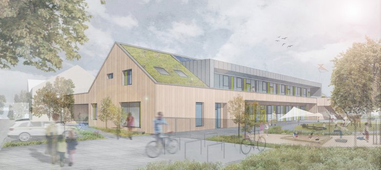 Rendering_Kita_Breitbendenstraße_c_PBS_2024 Rendering van het kinderdagverblijf in de Breitbendenstraße