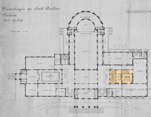 Lichthof_Grundriss_c_Stadtarchiv_Aken_2017 De historische plattegrond met het kleine atrium in de aangrenzende kamers van het restaurant.
