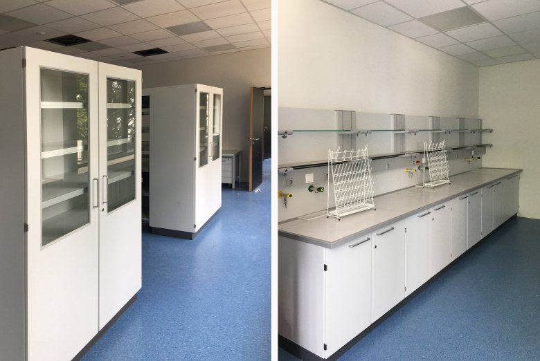 De linkerfoto toont de biologieverzameling, de rechterfoto toont de voorbereidingsruimte