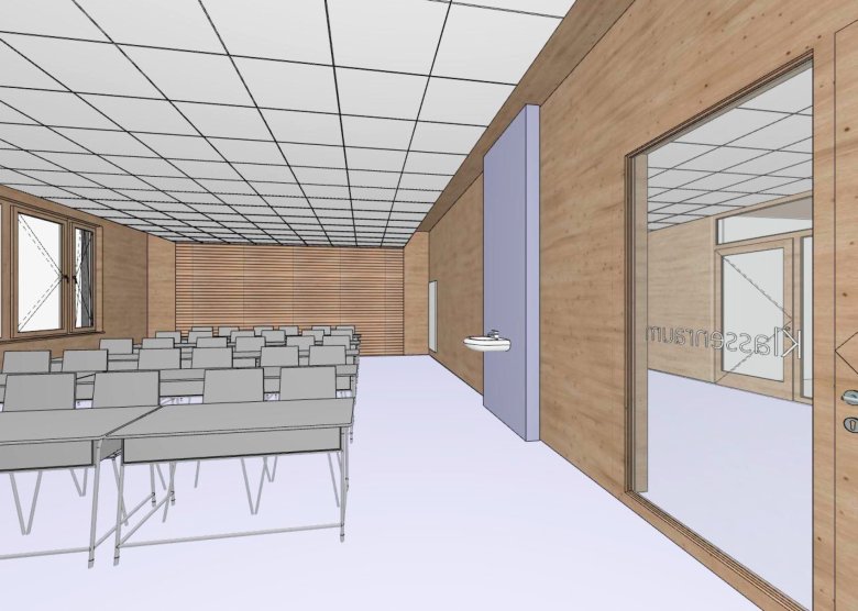 Het interieurperspectief geeft een indruk van de zichtbare houten oppervlakken.