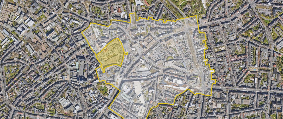 Luchtfoto_renovatie_C Aken_150425 Grafische markering van de herontwikkeling van Büchel en het oostelijke stadscentrum