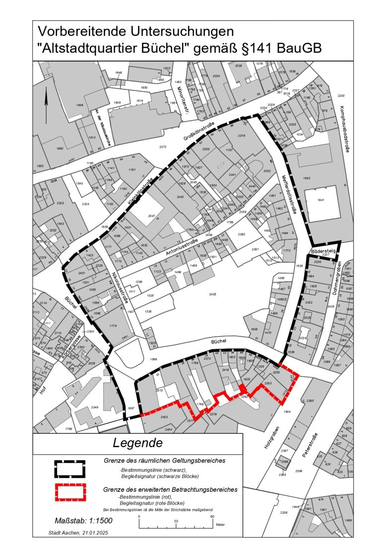 Uitgebreide grafische afbakening van het herontwikkelingsgebied Büchel. Er is een nieuw kijkgebied