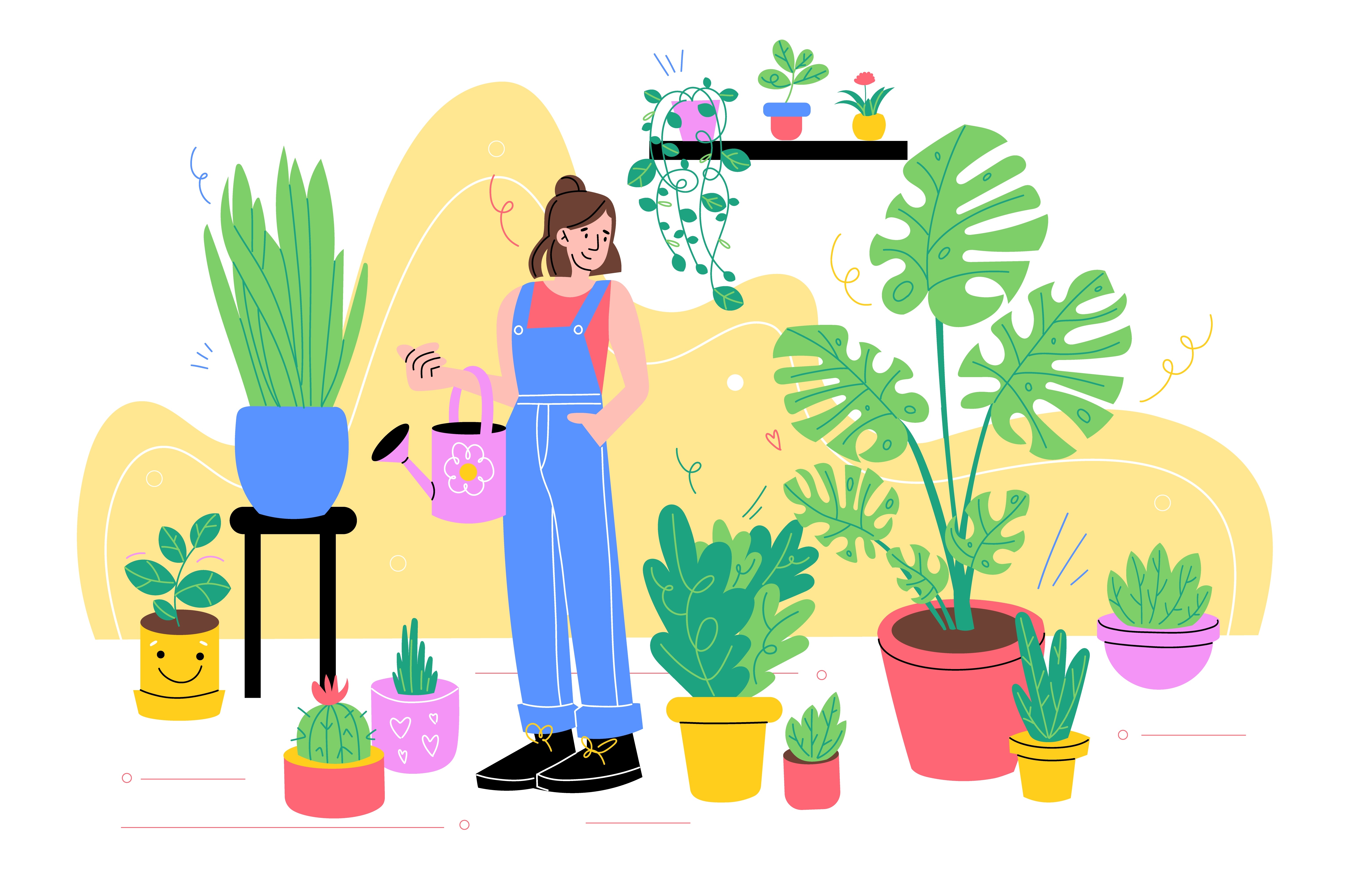 Meisje met kamerplanten thuis. Jonge gelukkige vrouw in kamer die potplanten verzorgt, huis tuinieren, interieur jungle, gezellige hobby. Palm, schattige cactus en tropische monstera, vector concept Meisje met kamerplanten thuis. Jonge gelukkige vrouw in kamer die potplanten verzorgt, huis tuinieren, interieur jungle, gezellige hobby. Palm, schattige cactus en tropische monstera, vector concept