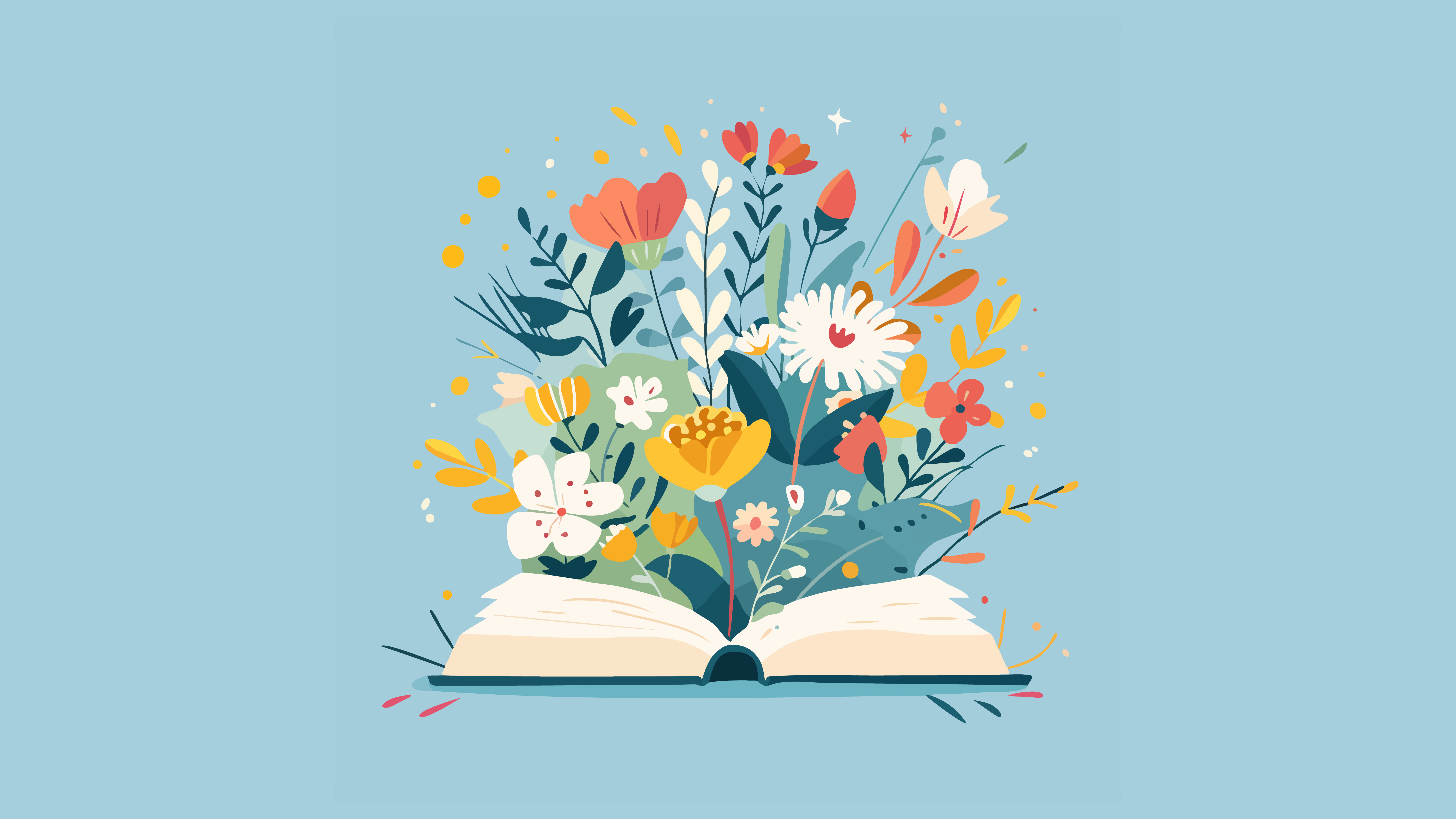 Vectorillustratie van open boek met bloemen die uit de binnenkant komen, blauwe achtergrond, boekendag