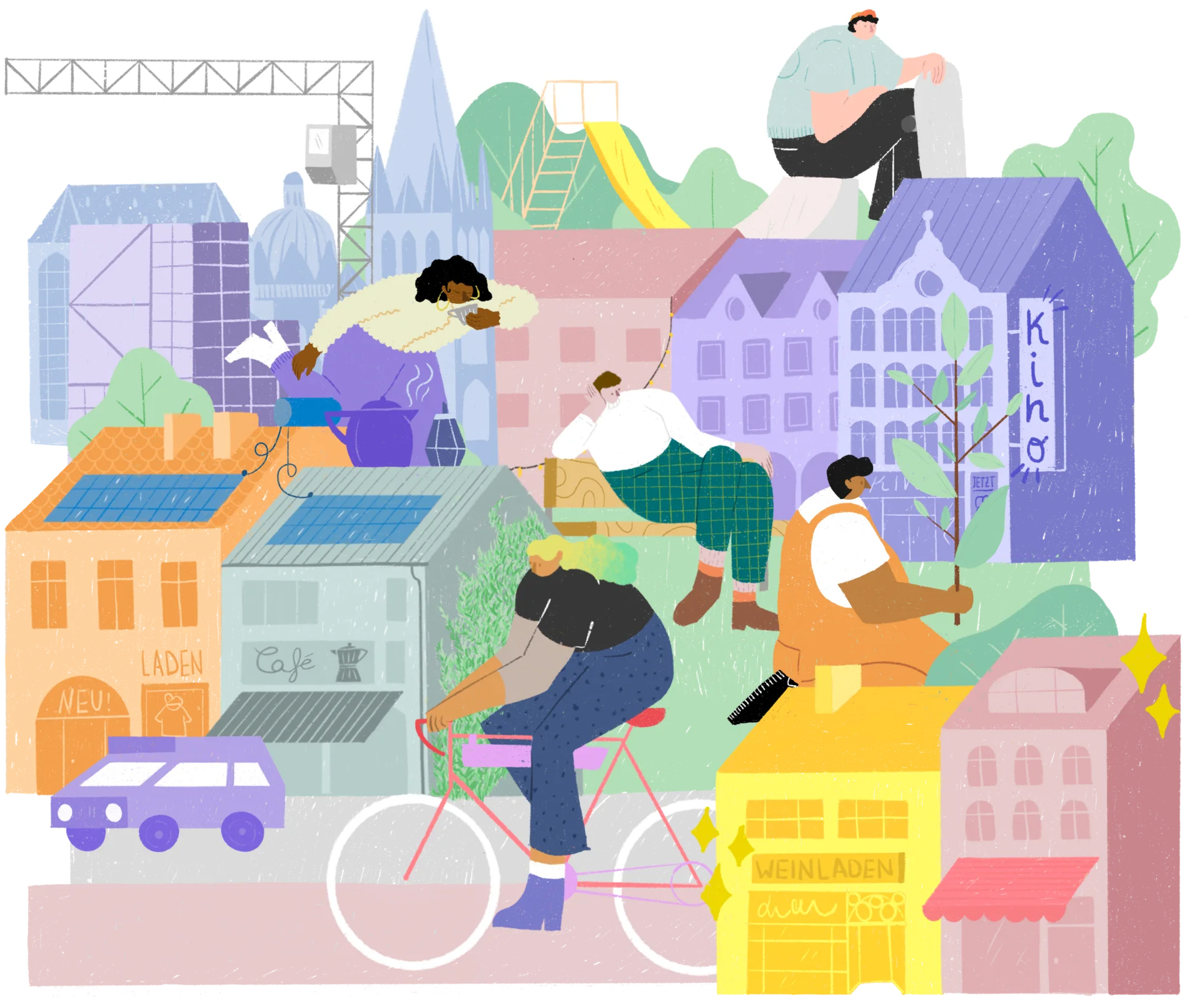 Ochtend in het centrum Kleurrijke illustratie met mensen en huizen