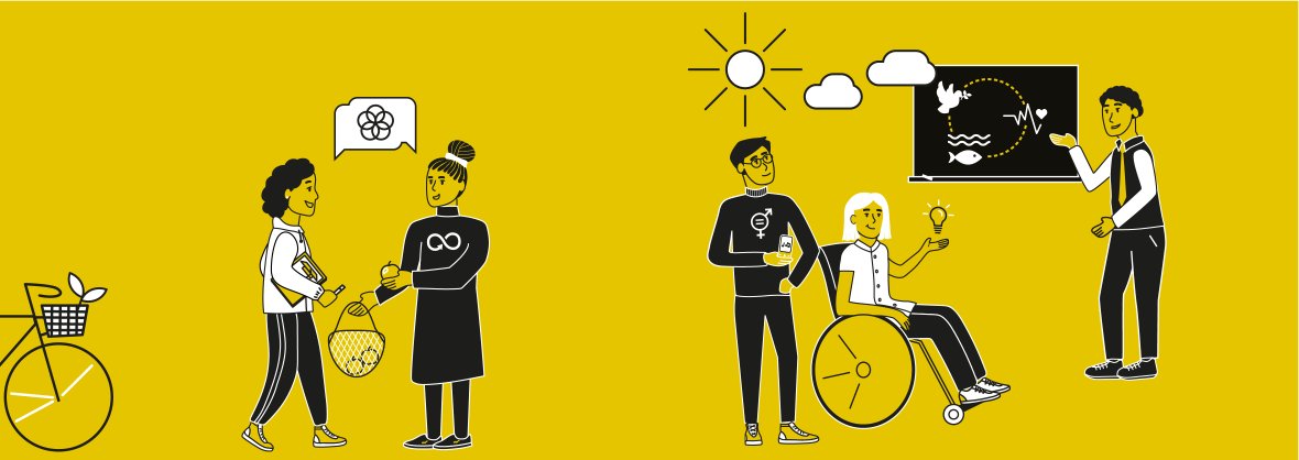 Actief voor de toekomst Illustraties van verschillende figuurtjes op een gele achtergrond.