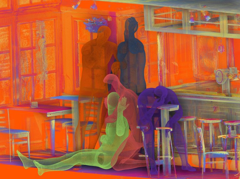 Een oranje en rood schilderij met kleurrijke menselijke figuren, sommige knuffelend met elkaar en in een bar.