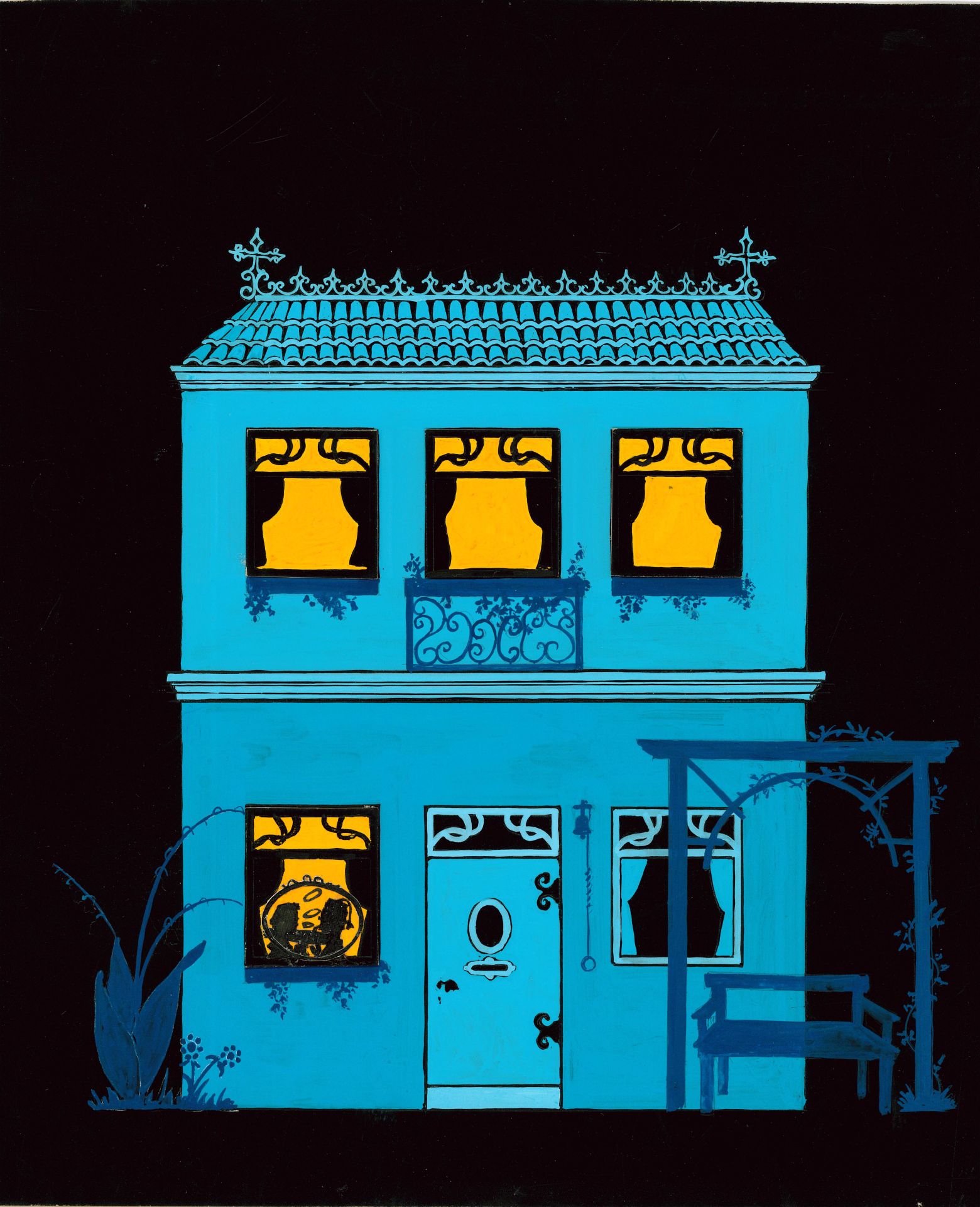 Een schets van een blauw huis.