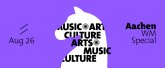Das Visual zum Aachen WM Special in Aachen. Die Grafik zeigt einen weißen Pferdekopf aus dem Profil auf einem lila farbigen Hintergrund. Verschiedene Schlagworte wie "music", "art", "culture" sind auf dem Pferdekopf platziert und veranschaulichen das vielseitige Angebot.