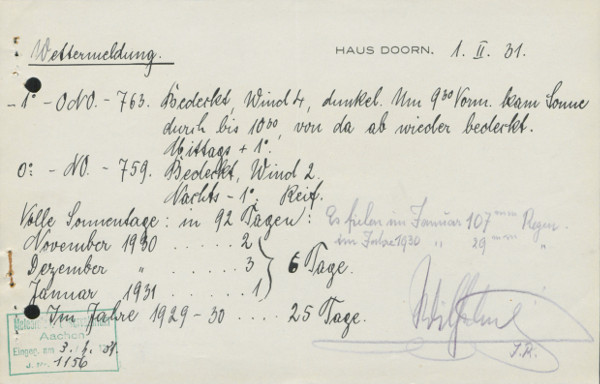 Kaiserwetter bei Haus Doorn – Wilhelm II. meldet sein Wetter nach Aachen