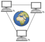 Ein Symbolbild für das Internet. Eine Weltkugel, die von drei Computern umgeben ist.